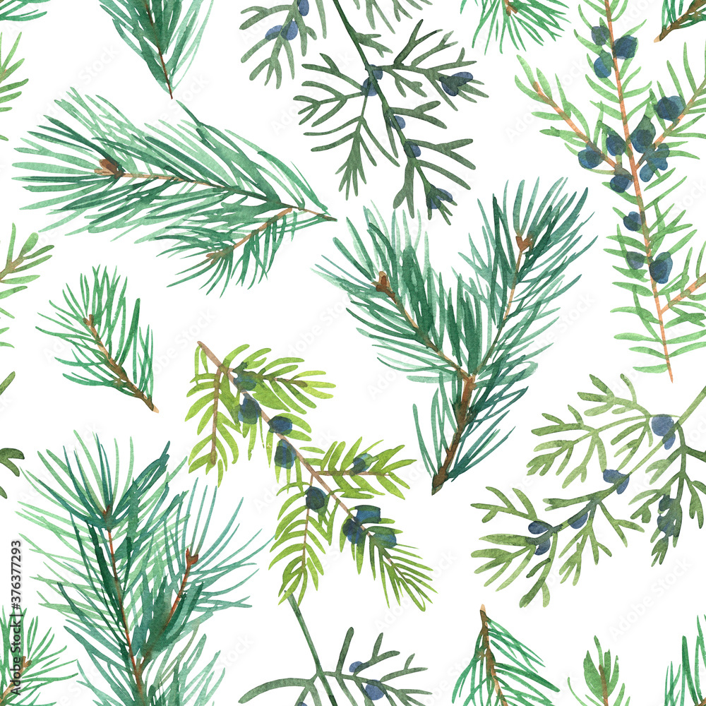 Pattern Christmas ornaments from the branches painted with watercolors on white background. Juniper, blue berries, Christmas tree branches Pattern Christmas ornaments from the branches painted with watercolors on white background. Juniper, blue berries, Christmas tree branches