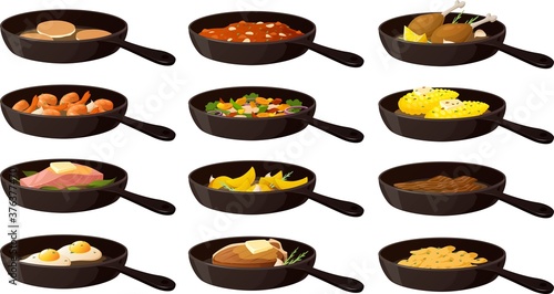 Vector illustration of various cast iron pan skillets with meat, eggs and vegetables isolated on white background.