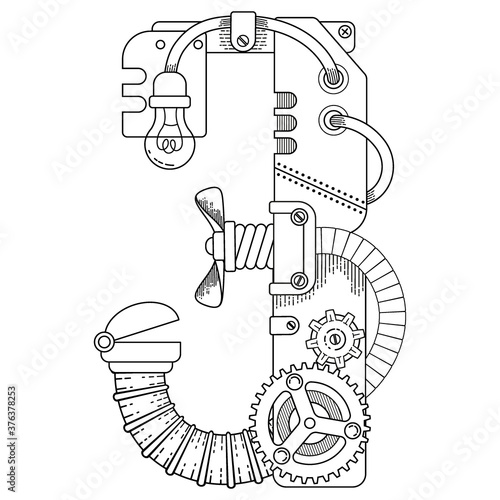 Vector coloring book for adults. Steampunk mathematical symbol three. Mechanical number made of metal gears and various details on white background.