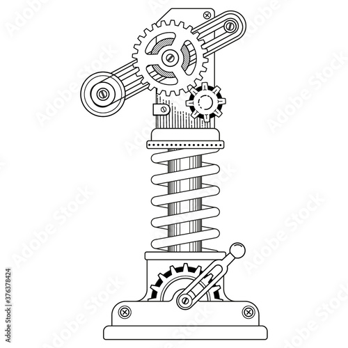 Vector coloring book for adults. Steampunk mathematical symbol one. Mechanical number made of metal gears and various details on white background.
