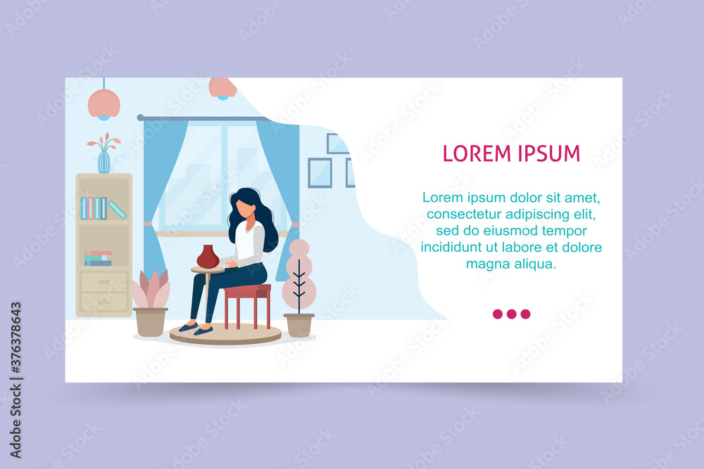 Running landing page template. Ceramic craft master, ceramics pottery. The girl is engaged in pottery. Clay crafting. Work on the pottery wheel. Handwork, handcraft, hobbies. Running landing page template. Ceramic craft master, ceramics pottery. The girl is engaged in pottery. Clay crafting. Work on the pottery wheel. Handwork, handcraft, hobbies.