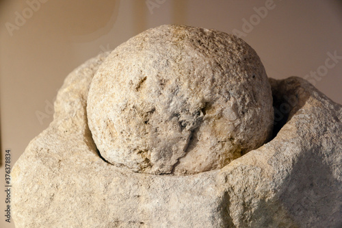 mortero, Museo arqueologico Son Fornes, sala de  época talayótica (1300-123 a. C.), Montuiri,   Comarca de Es Pla, Mallorca, Spain photo