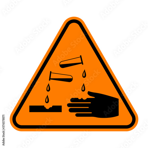 Corrosive substance sign. Materials causing skin corrosion burns or eye damage on contact or that are corrosive to metals. Vector illustration of orange triangle warning sign with acid drops inside.