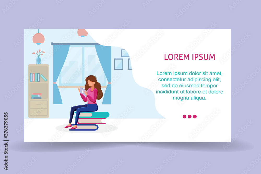 Running landing page template. Girl sitting on pile of books with tablet in her hands. Concept illustration of e-learning, distance studying and self education. Vector illustration in flat style. Running landing page template. Girl sitting on pile of books with tablet in her hands. Concept illustration of e-learning, distance studying and self education. Vector illustration in flat style.