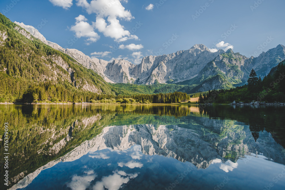 Beautiful view of Fusine Lake, Tarvisio, Udine province, Friuli Venezia Giulia, Italy. Italian mountain lake in the Alps