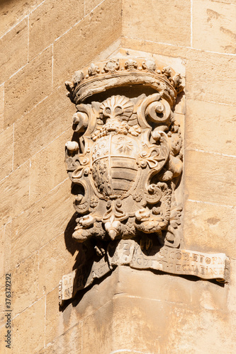 escudo familiar de Ramon de Saforteza i Pacs-Fuster , conocido como conde Mal,palacio de Can Formiguera,calle portella, Monumento Histórico-Artístico, Palma, mallorca, islas baleares, españa, europa photo