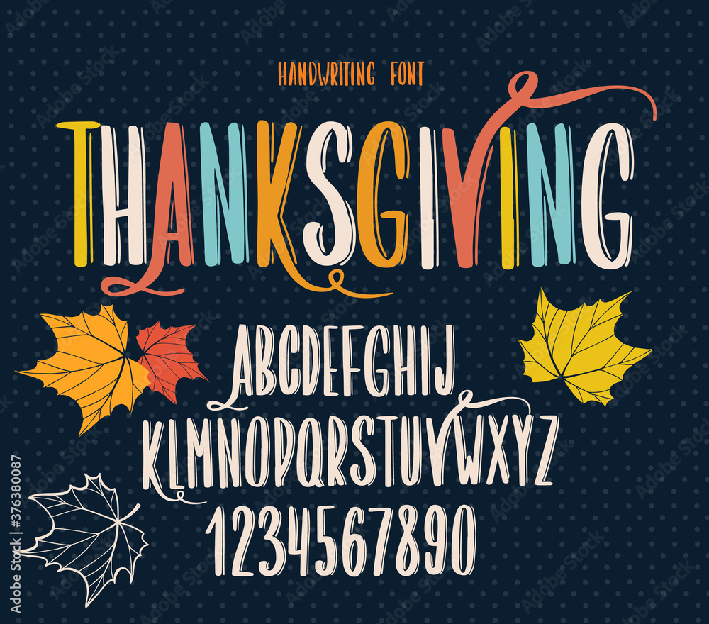 Obraz premium Font thanksgiving day. Typography alphabet with colorful autumn illustrations.
