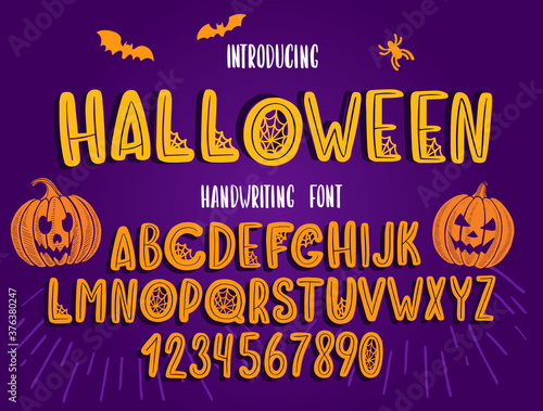 Halloween font. Typography alphabet with colorful spooky and horror illustrations.
