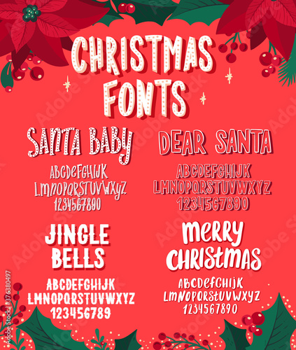 Christmas fonts. Holiday typography alphabet with season wishes and festive illustrations.