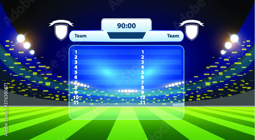 Stadium electronic sports scoreboard with soccer time and football match result display vector illustration