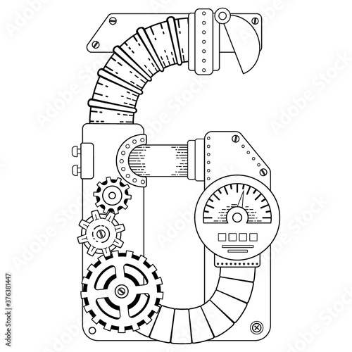 Vector coloring book for adults. Steampunk mathematical symbol six. Mechanical number made of metal gears and various details on white background.