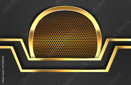 Modern abstract realistic black background with gold metal element. Abstract 3d background with black paper layers. Geometric illustration of carbon sliced shapes textured with golden mesh. 