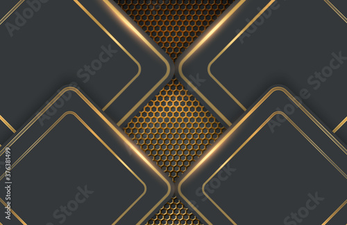 Modern abstract realistic black background with gold metal element. Abstract 3d background with black paper layers. Geometric illustration of carbon sliced shapes textured with golden mesh. 