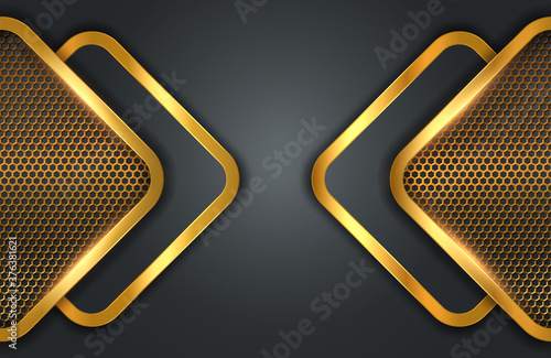 Modern abstract realistic black background with gold metal element. Abstract 3d background with black paper layers. Geometric illustration of carbon sliced shapes textured with golden mesh. 