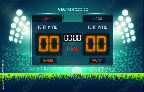Stadium electronic sports scoreboard with soccer time and football match result display vector illustration