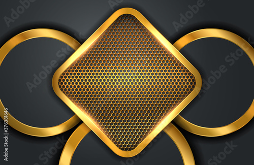 Modern abstract realistic black background with gold metal element. Abstract 3d background with black paper layers. Geometric illustration of carbon sliced shapes textured with golden mesh. 