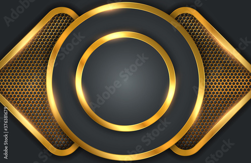 Modern abstract realistic black background with gold metal element. Abstract 3d background with black paper layers. Geometric illustration of carbon sliced shapes textured with golden mesh. 