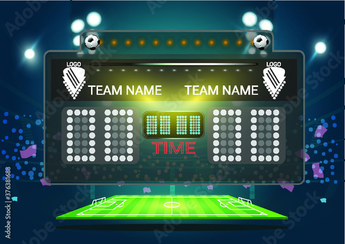 Stadium electronic sports scoreboard with soccer time and football match result display vector illustration