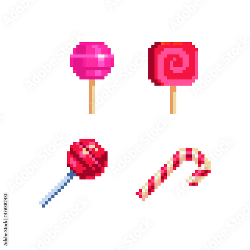 Pixel art lollipop candy icon isolated isometric vector illustration 8-bit sprite video game assets. Design for stickers, logo, embroidery, mobile app.