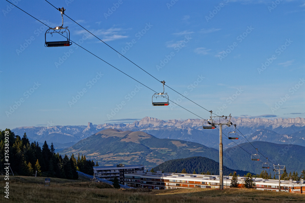CHAMROUSSE, FRANCE, August 26, 2020 : Summer morning on the resort. Well-known ski resort near Grenoble, Chamrousse is a summer destination as well.