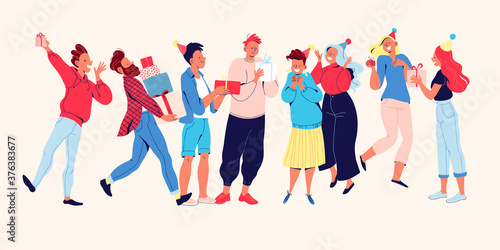 Young happy people giving presents to each other, celebrating on party isolated. Boys and girls cartoon characters with gift boxes. Vector flat illustration.