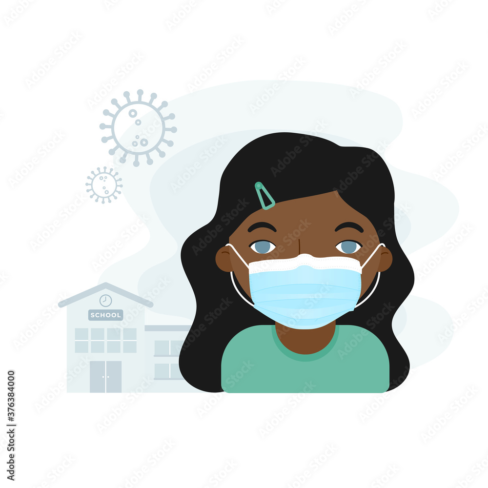 Girl child wearing facial mask in front of the school building. Concept of back to school in the new normal in times of the coronavirus pandemic. Covid-19 symbol. Vector illustration, flat design Girl child wearing facial mask in front of the school building. Concept of back to school in the new normal in times of the coronavirus pandemic. Covid-19 symbol. Vector illustration, flat design