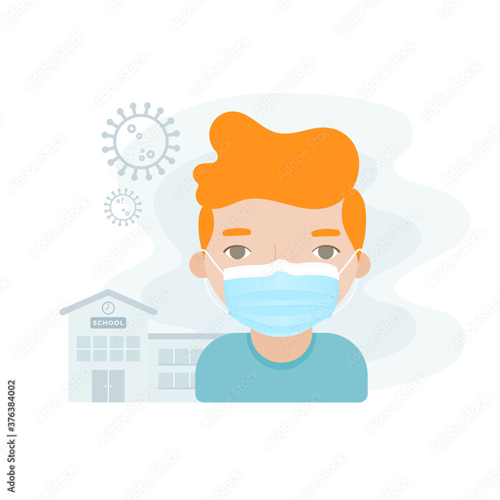 Boy child wearing facial mask in front of the school building. Concept of back to school in the new normal in times of the coronavirus pandemic. Covid-19 symbol. Vector illustration, flat design Boy child wearing facial mask in front of the school building. Concept of back to school in the new normal in times of the coronavirus pandemic. Covid-19 symbol. Vector illustration, flat design