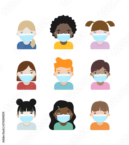 Set: children wearing protective mask. New normal in times of the coronavirus pandemic. Vector illustration, flat design