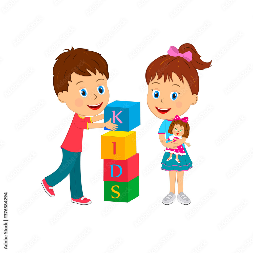 cartoon little kids stand with cubes,vector,illustration cartoon little kids stand with cubes,vector,illustration