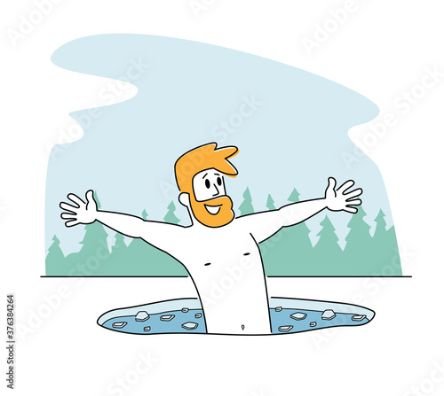 Male Character Swimming in Ice Hole in Winter Season. Man Temper, Take Part in Religious Orthodox Church Holy Epiphany