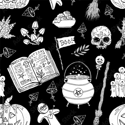 Seamless pattern with skull, witch cauldron, mushrooms, voodoo doll and magic objects on black. Mystic background for Halloween, esoteric, gothic and occult concept
