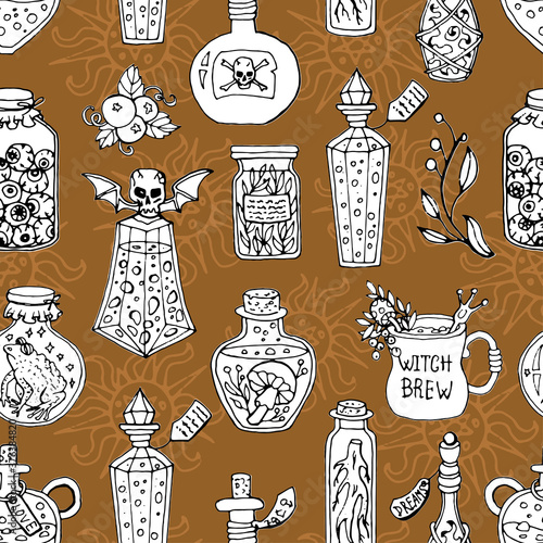 Seamless pattern with witch magic bottles and brew drink with potion. Mystic background for Halloween, esoteric, gothic and occult concept