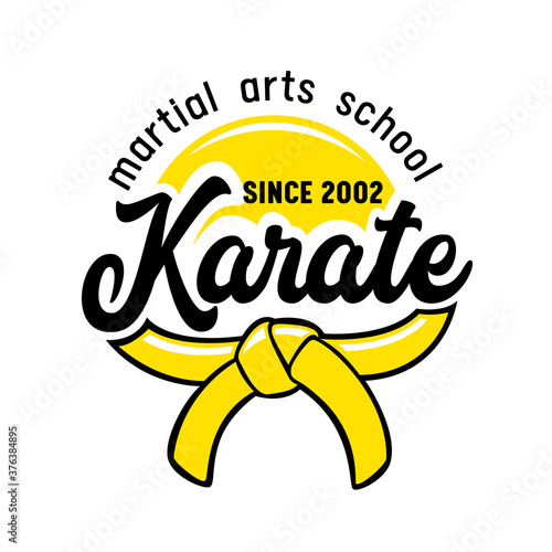 Karate Martial Arts School Banner or Label with Kimono Belt and Typography on White Background. Emblem for Fighting Club