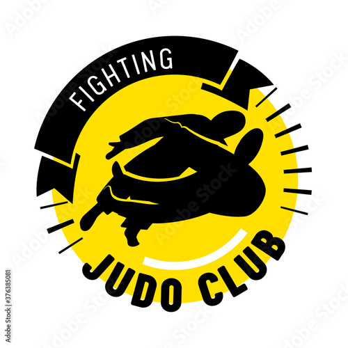 Judo Fighting Club Banner, Martial Arts School Label with Fighters Black Silhouettes and Typography Isolated Emblem