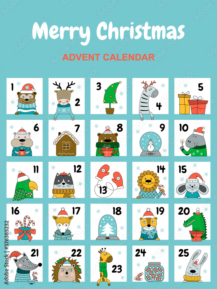 Christmas advent calendar with cute animals in winter costumes. Christmas advent calendar with cute animals in winter costumes.