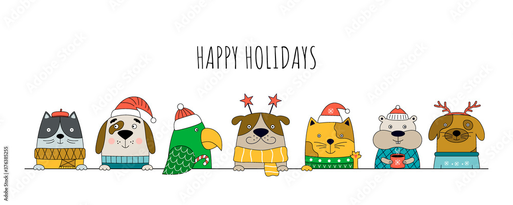 Fototapeta premium Merry Christmas illustration with cats, dogs, hamster and hamster.