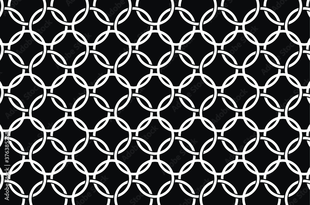 Fototapeta premium Geometric abstract pattern on black background. White circle on black background. Abstract geometric pattern.