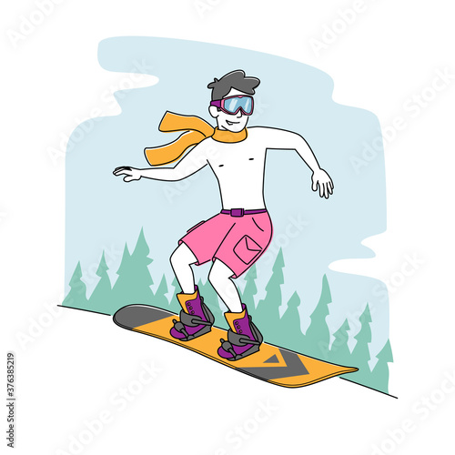 Young Male Character with Naked Torso and Shorts Riding Snowboard in Mountains. Man Hardening Body at Winter Time, Sport