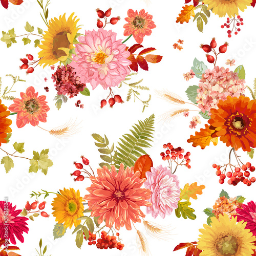 Autumn watercolor flowers seamless background illustration, retro floral vector fall Thanksgiving pattern for holidays, fashion fabric, textile, wallpaper with berries, hydrangea, sunflower, leaves.