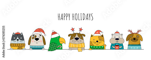 Merry Christmas illustration with cats, dogs, hamster and hamster.