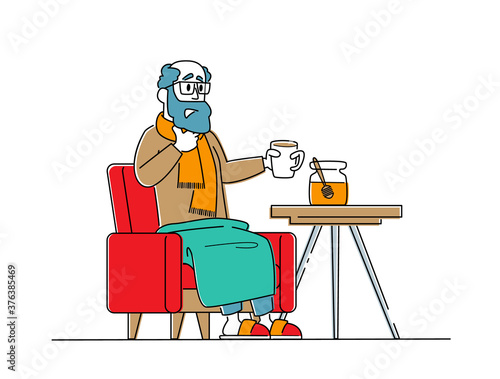 Character Caught Flu, Sickness Concept. Sick Senior Got Cold. Diseased Sad Man Sitting in Armchair Drinking Hot Beverage