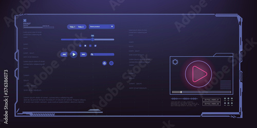 HUD UI screen for media app. Futuristic media player with elements of audio, video tracks and play button. Futuristic digital panel media app. Vector