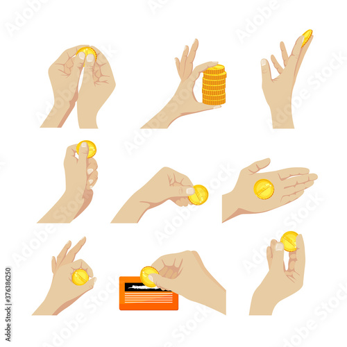 Set of Icons Hands with Coins Gesturing, Scratching Lottery Ticket, Holding Pile and Single Coins. People and Money Bank