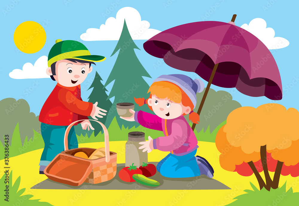 boy and girl had a picnic in the park in autumn under an umbrella, tea, cartoon illustration, vector illustration,