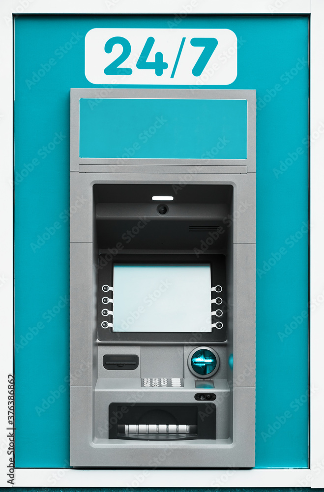 ATM machine, photo of one object in detail as a background, blue color ATM machine, photo of one object in detail as a background, blue color