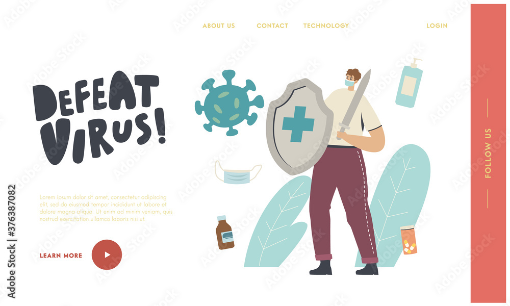 Infection Prevention or Protection Landing Page Template. Tiny Male Character in Medical Mask Hold Huge Shield and Sword