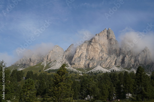 Passo Gardena in the Dolomites above Val Gardena and Corvara. Beautiful DOlomite Mountains in the italian Alps