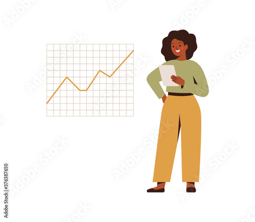 Black businesswoman holds a tablet pc and looks at the ascending graph or trend. Business goal achievement, career growth and development. Flat colorful vector illustration.