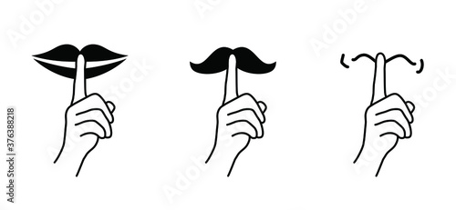 Stop, please be quiet icon (psssst ). Forbad, silence no speaking or no talking ( shhh ). Funny vector flat icons silhouette Silent finger over lips or mouth sign. Sound off. Secret asking to silence