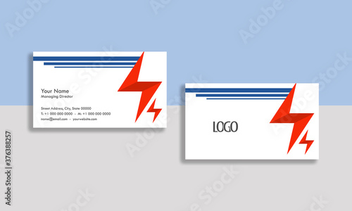 business card design with red electric bolt, template, lines